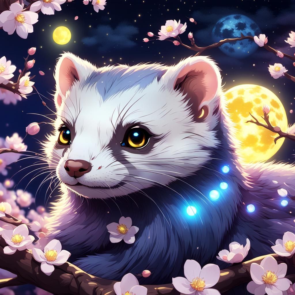 Anime Ferret in Cherry Blossoms Under Moonlight