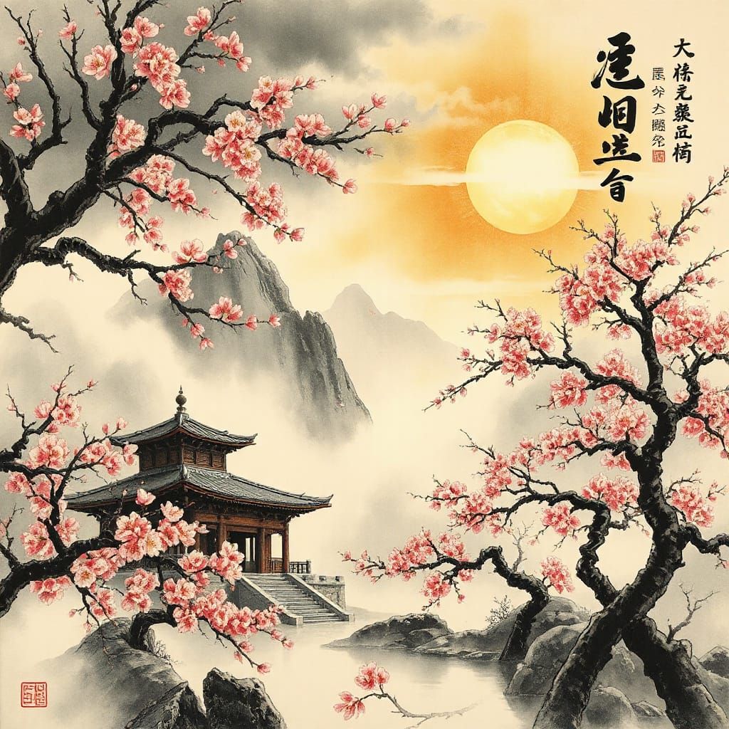 Sacred Mountain Temple in Mist and Golden Light Chinese Ink ...