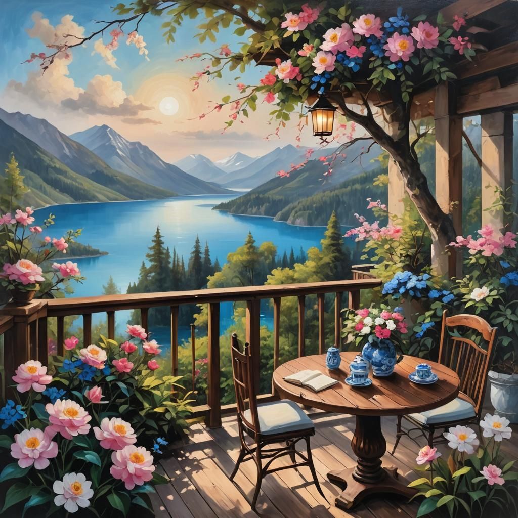 Picturesque Lake Balcony: Vibrant Oil Painting