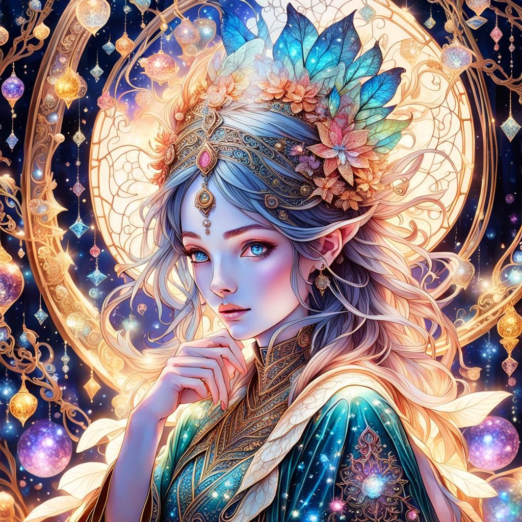 Enchanted Otherworldly Scene with Metallic Filigree