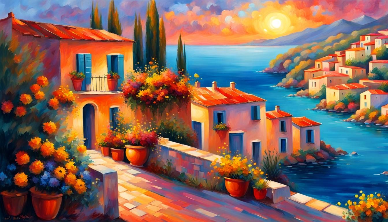 Italian Village Sunset: Impressionist Landscape