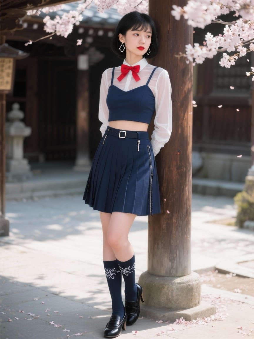 Portrait of Japanese Woman in Spring Shrine Courtyard