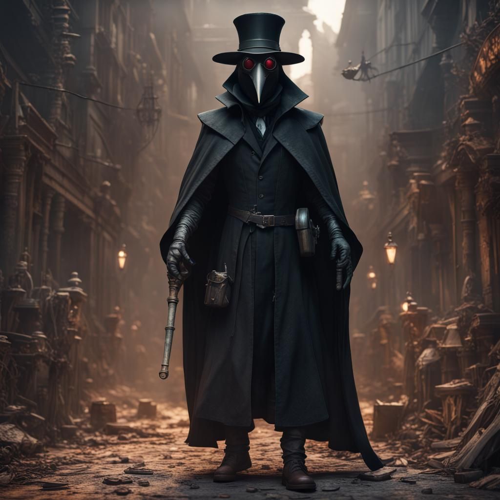 Plague Doctor in Black Mask and Robes