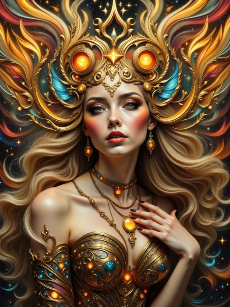 Golden Retrofuturism Woman in Volumetric Lighting