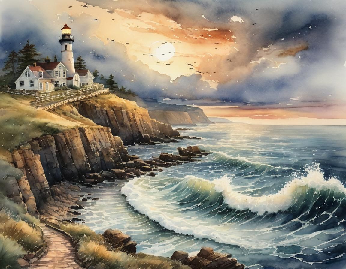 Rugged Coastal Sunset in Watercolor Style
