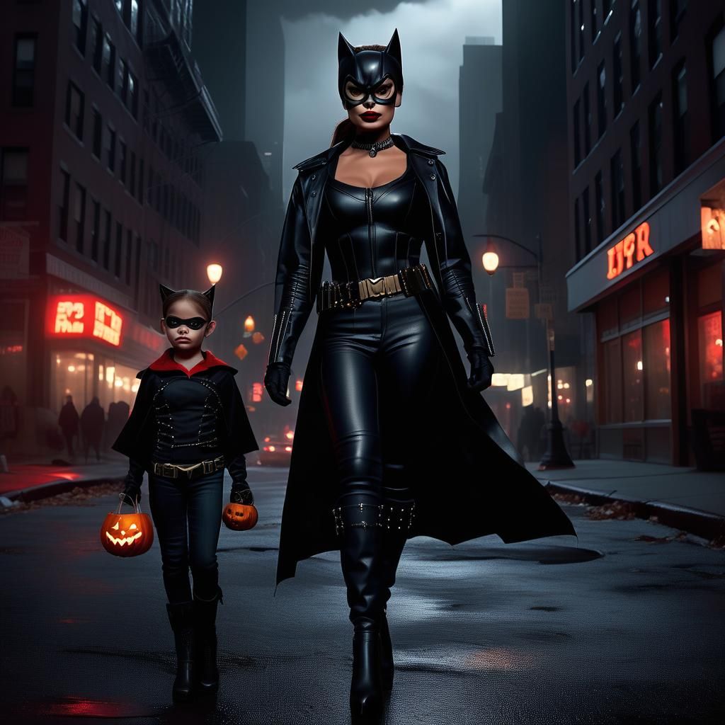 Catwoman Trick-or-Treater in New York: Hyperrealistic Portra...