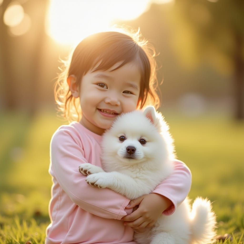 Baby Girl Cradles Spitz Puppy in Golden Hour Park Portrait