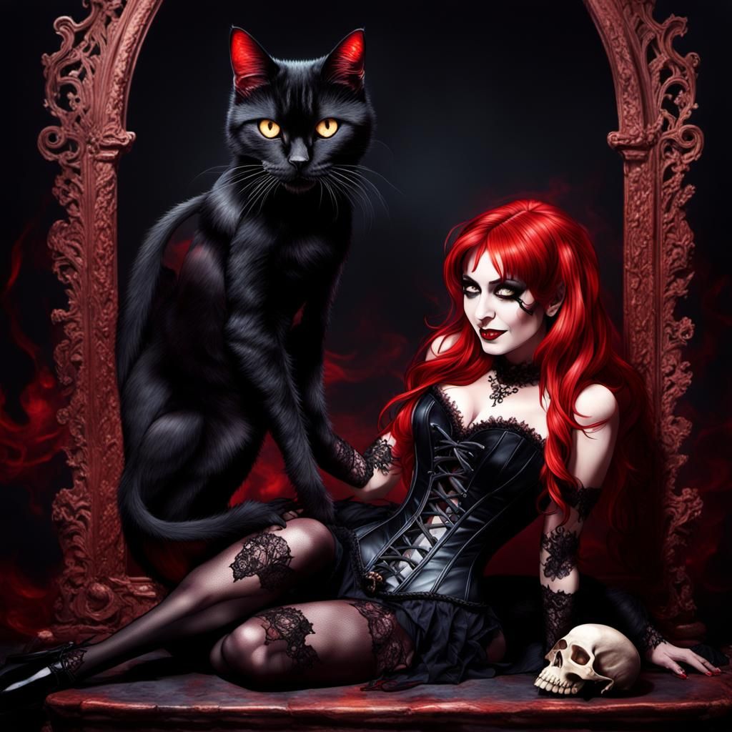 Elvira with Fiery Red Hair in Gothic Lolita Style