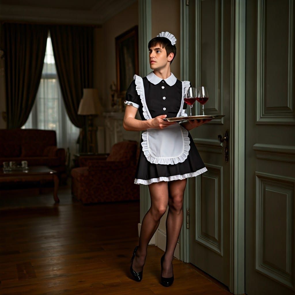 Masculine Crossdresser in French Maid Attire Poses Near Door