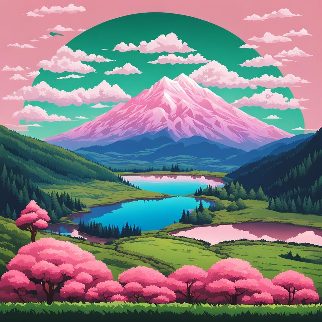 16-bit Landscape with Round Pink Tree
