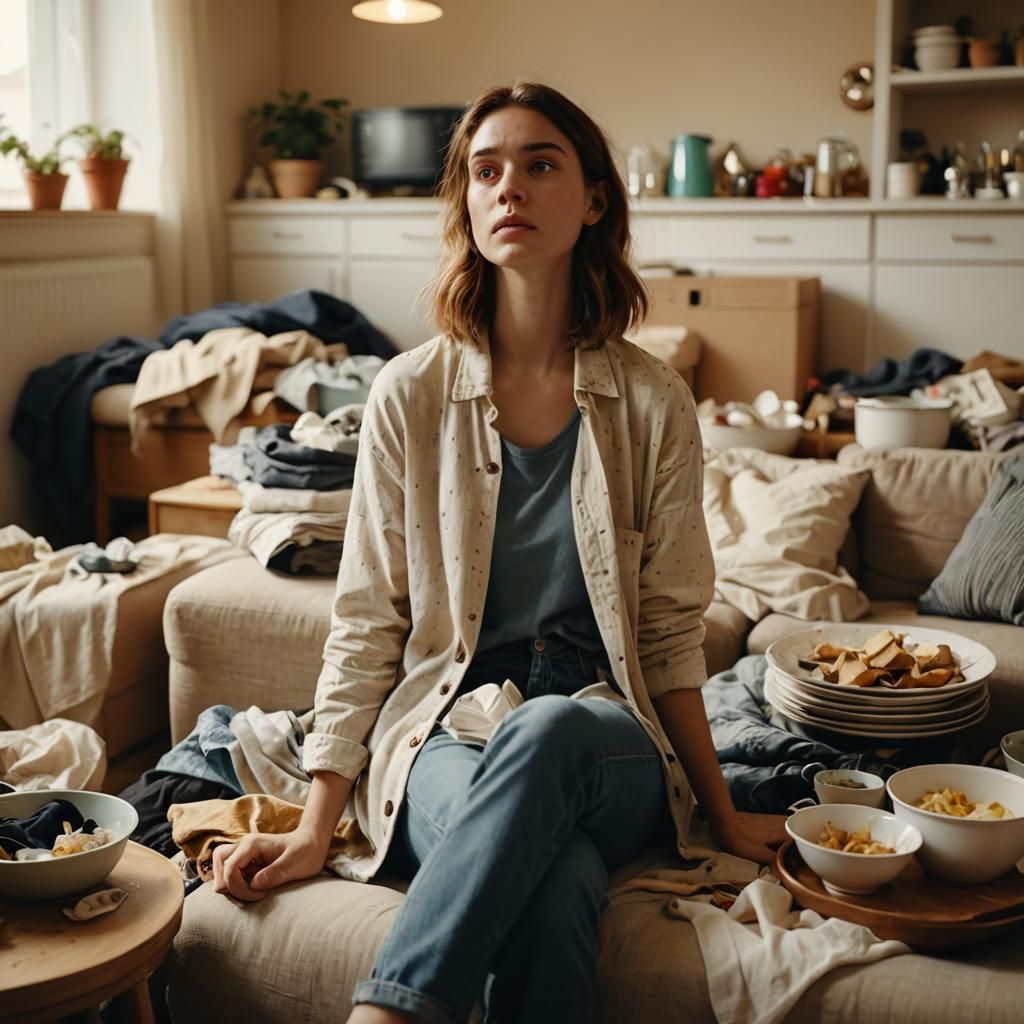 Beautiful Woman Relaxing in Messy Room: Cinematic Still