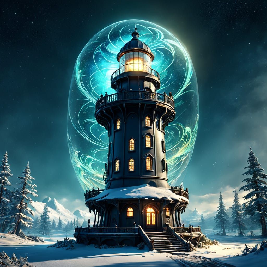 Solarpunk Lighthouse with Iridescent Dome