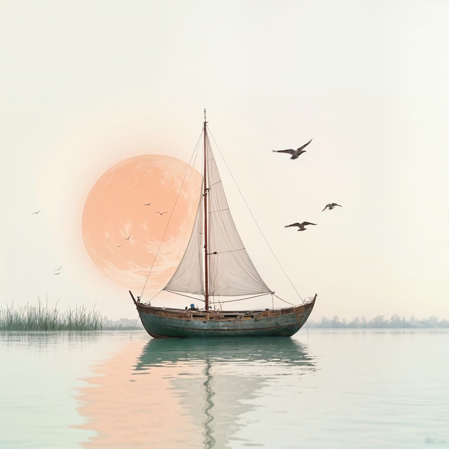 Ethereal Sailboat on Still Water with Soft Pink Sun