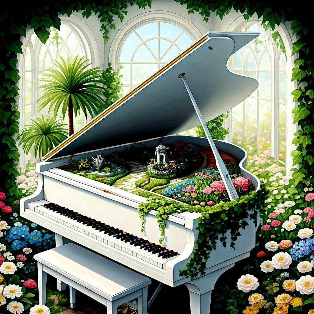 Grand Piano Flower Garden in Watercolor Style