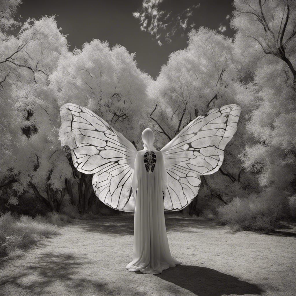 Infrared black and white photography, Jerry Uelsmann, apparition of a female winged skeleton butterfly, Death moth, lum...