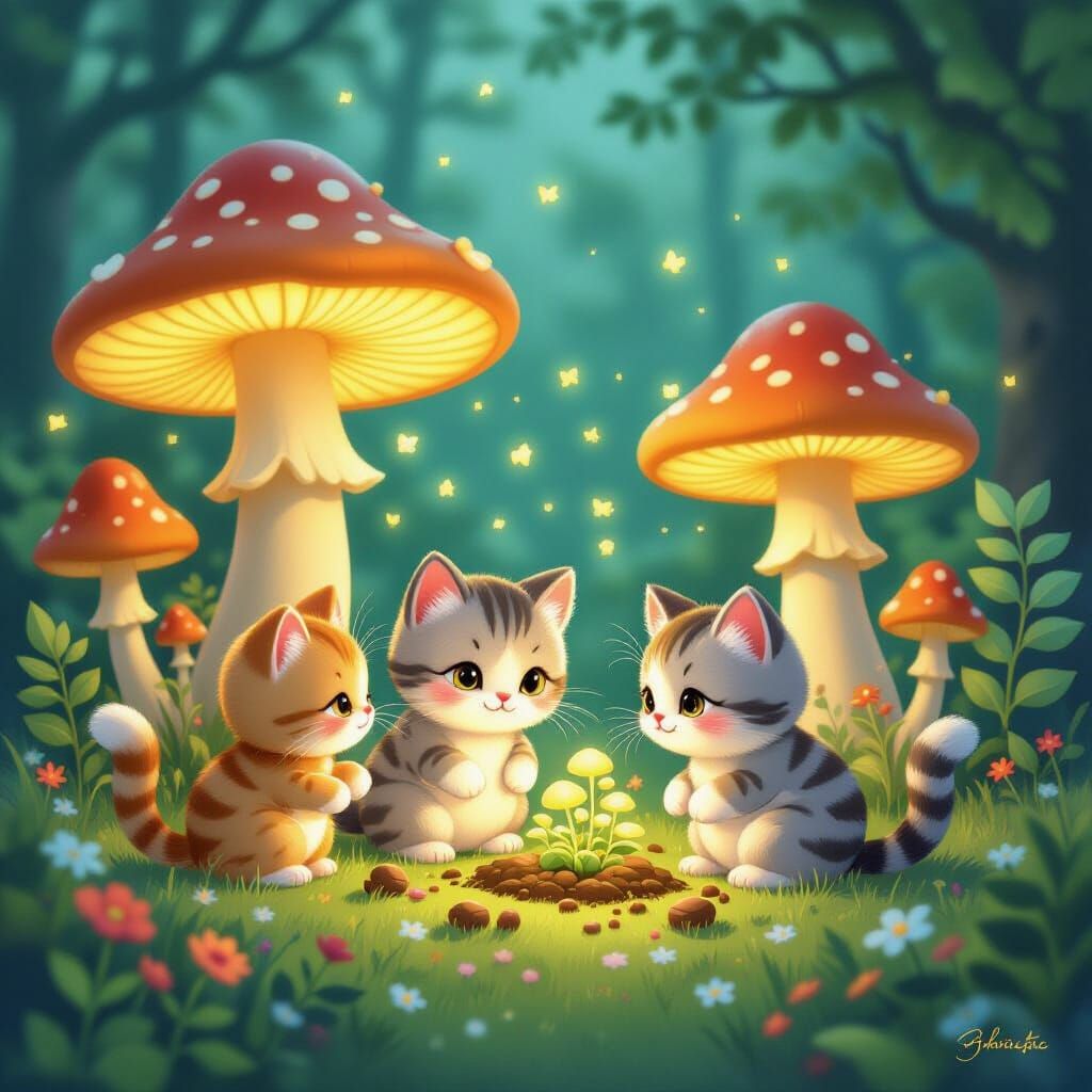 Cute Cats and Woodland Creatures in a Magical Garden