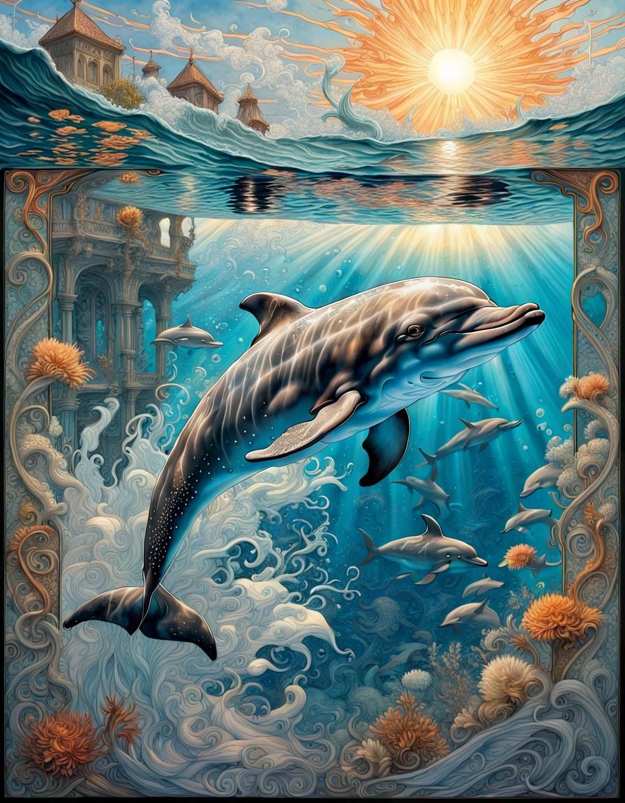 Man-Dolphin Hybrid in Crystal Water: Detailed Ink Illustrati...