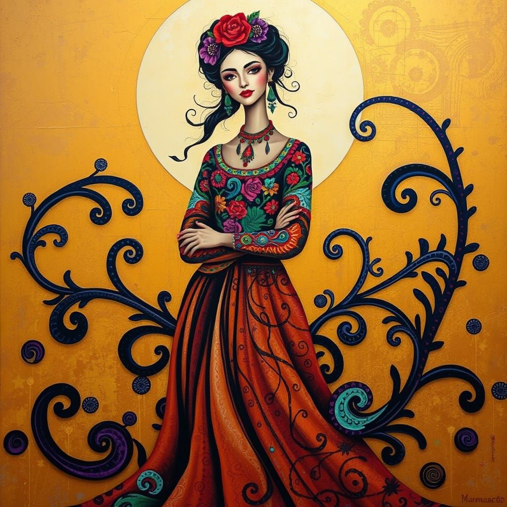 Woman in Vibrant Mexican Art Style with Swirling Patterns
