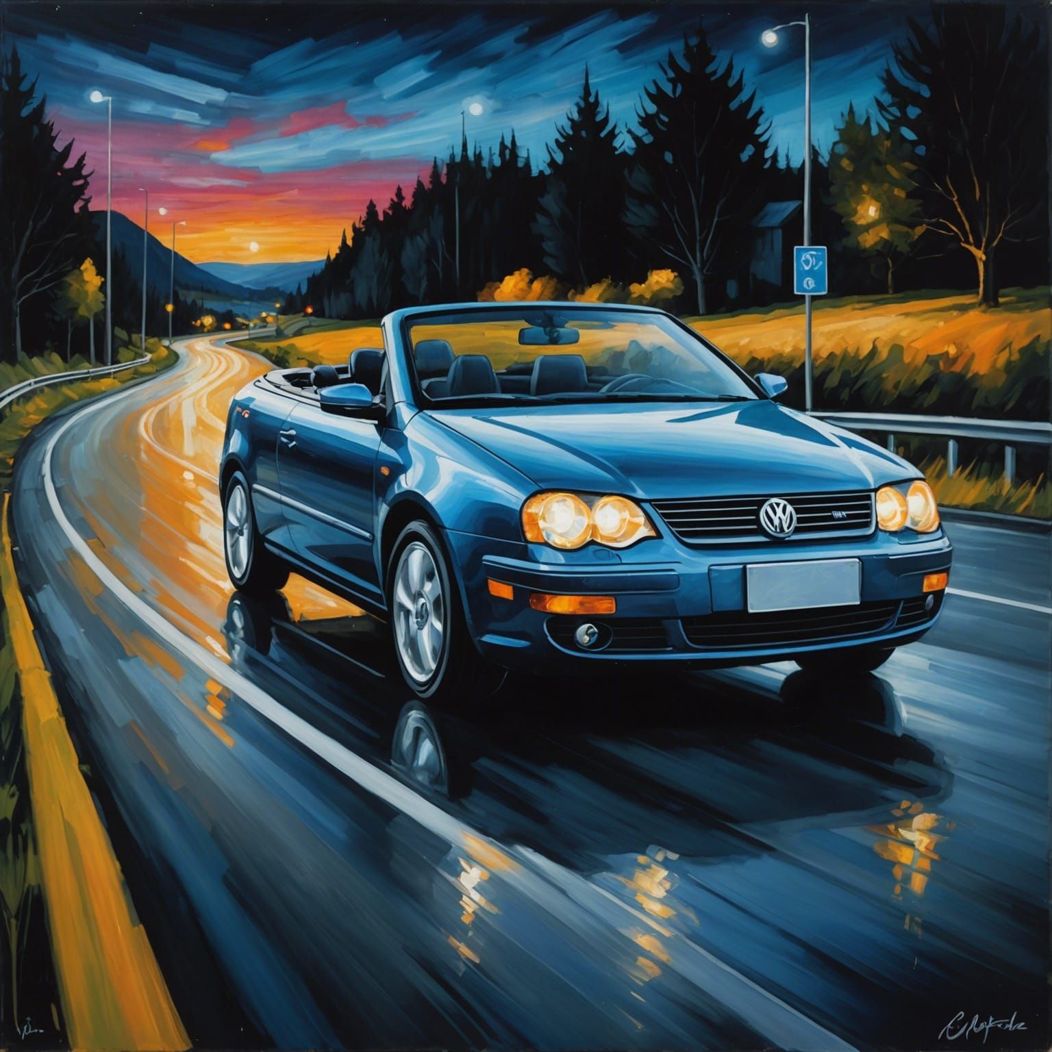 Abstract Oil Painting: VW EOS on Country Road