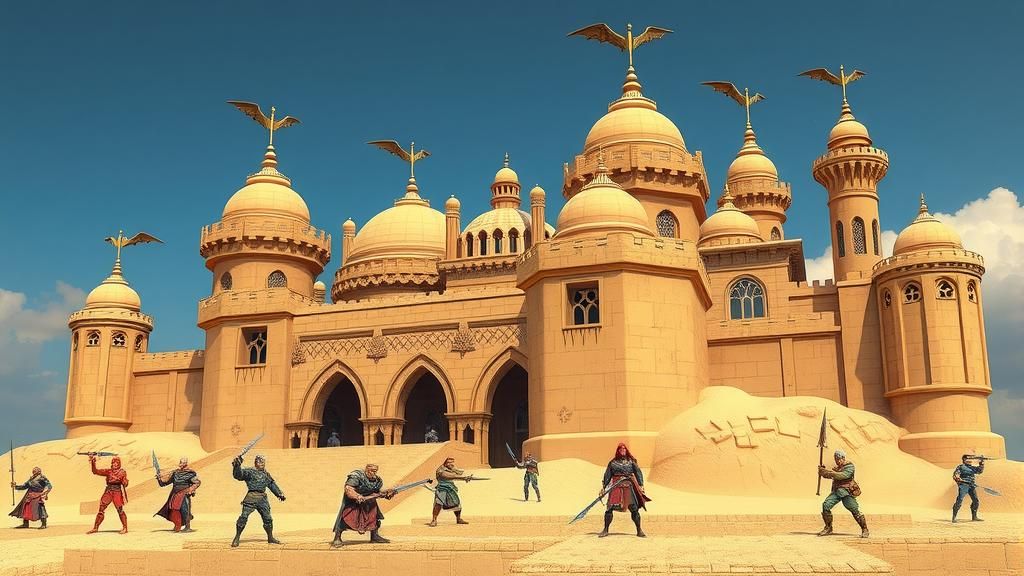 Elaborate Sandcastle Defended by Action Figures