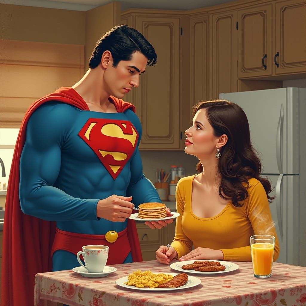 Superman Breakfast Scene in Rockwell Style