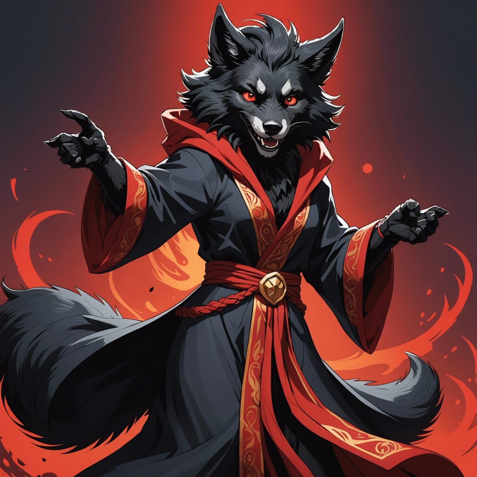 Furry Black Wolf Sorceress in Anime Style