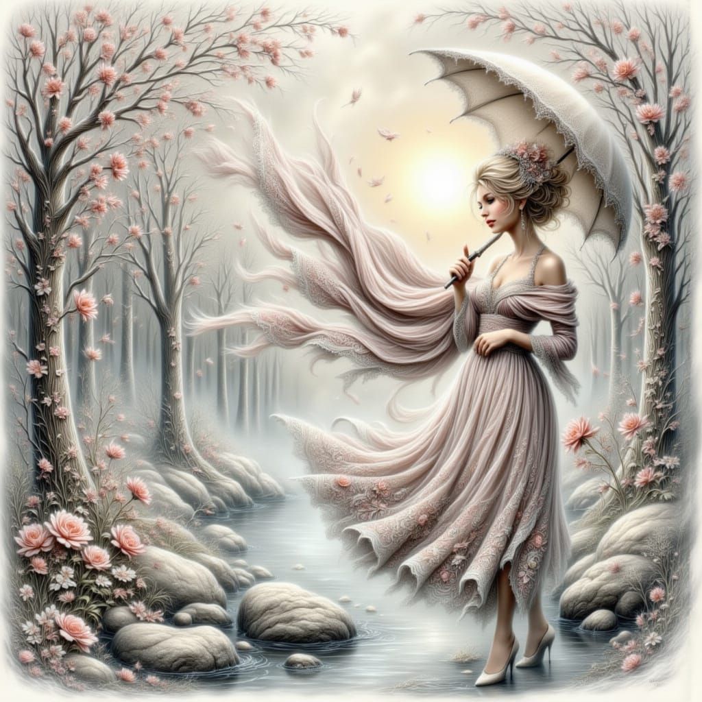 Serene Woman in Party Dress Beside Creek, Gouache Art