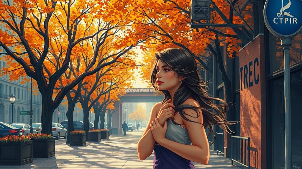 Ethereal Woman in Autumn Cityscape, Comic Book Art