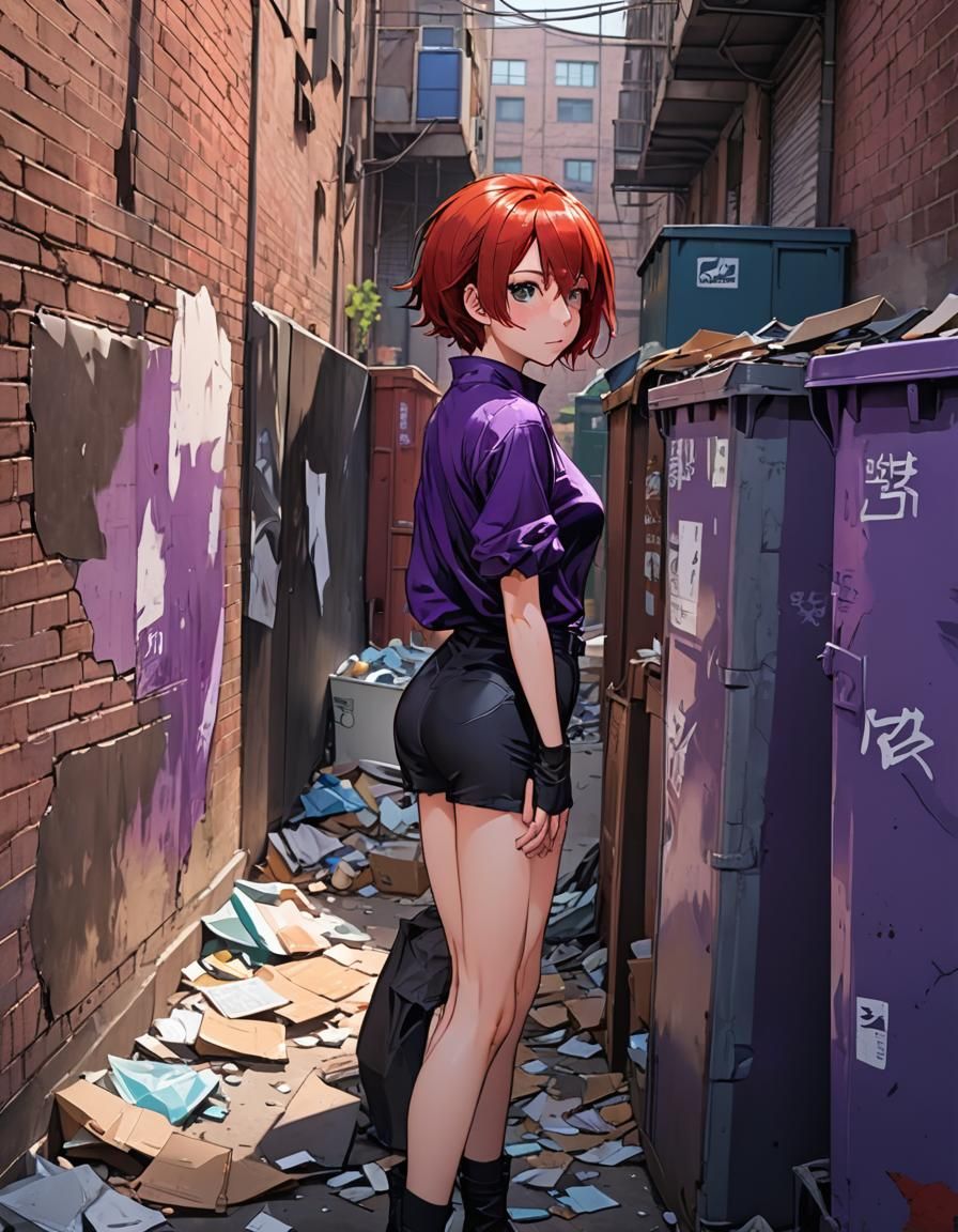 Red Haired Woman in Alleyway, Anime Style