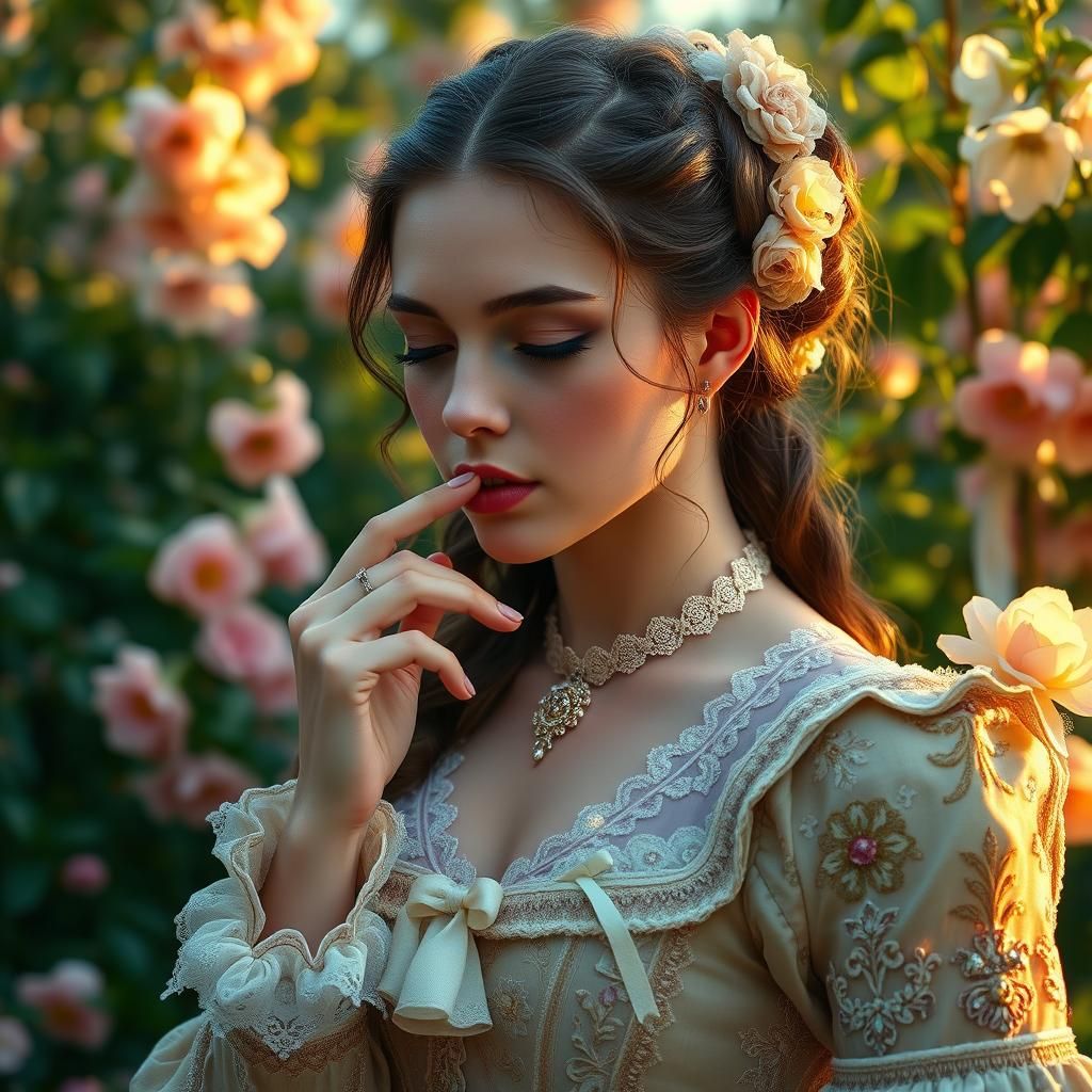 Ornate Woman Remembers a Kiss: Pre-Raphaelite Style