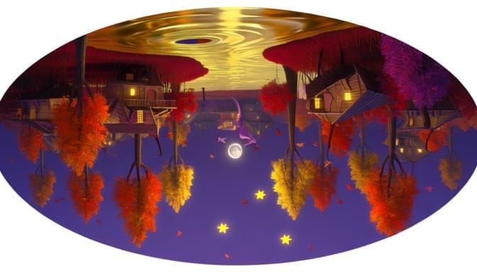 Surreal Autumn Sky with Winged Cabins and Falling Stars