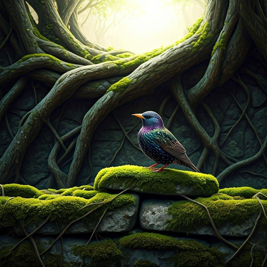 Dreamy Starling Amidst Ancient Tree Roots