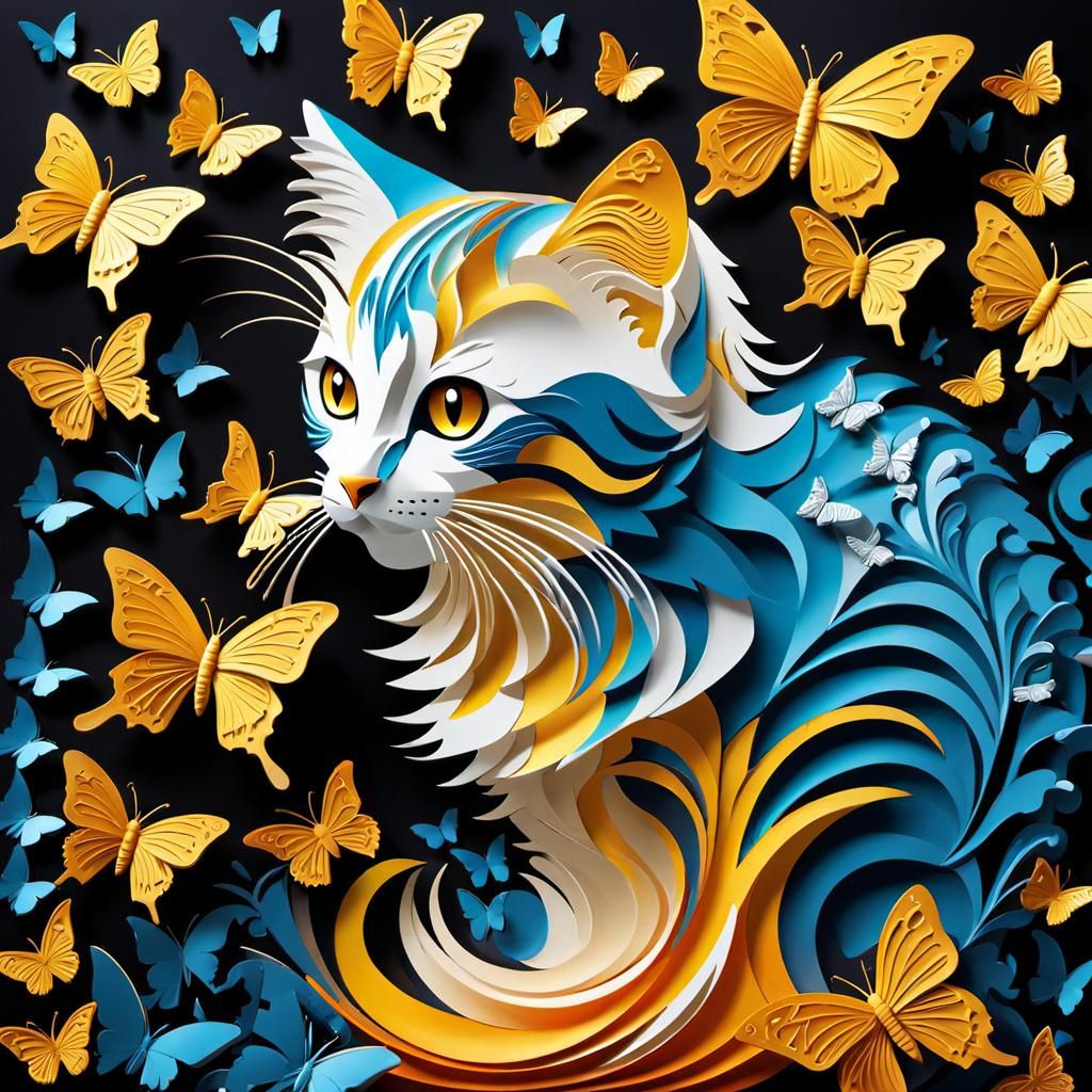 Kirigami Paper Art: Kitten and Butterflies