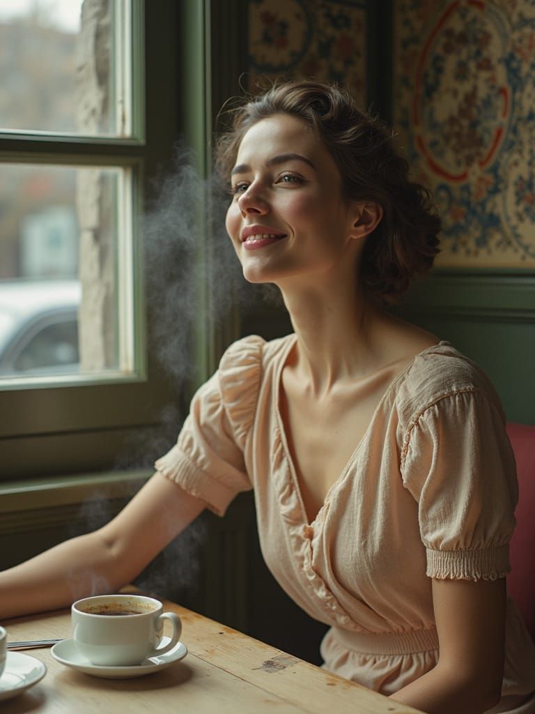 Modern Couture Portrait of Woman in Cafe