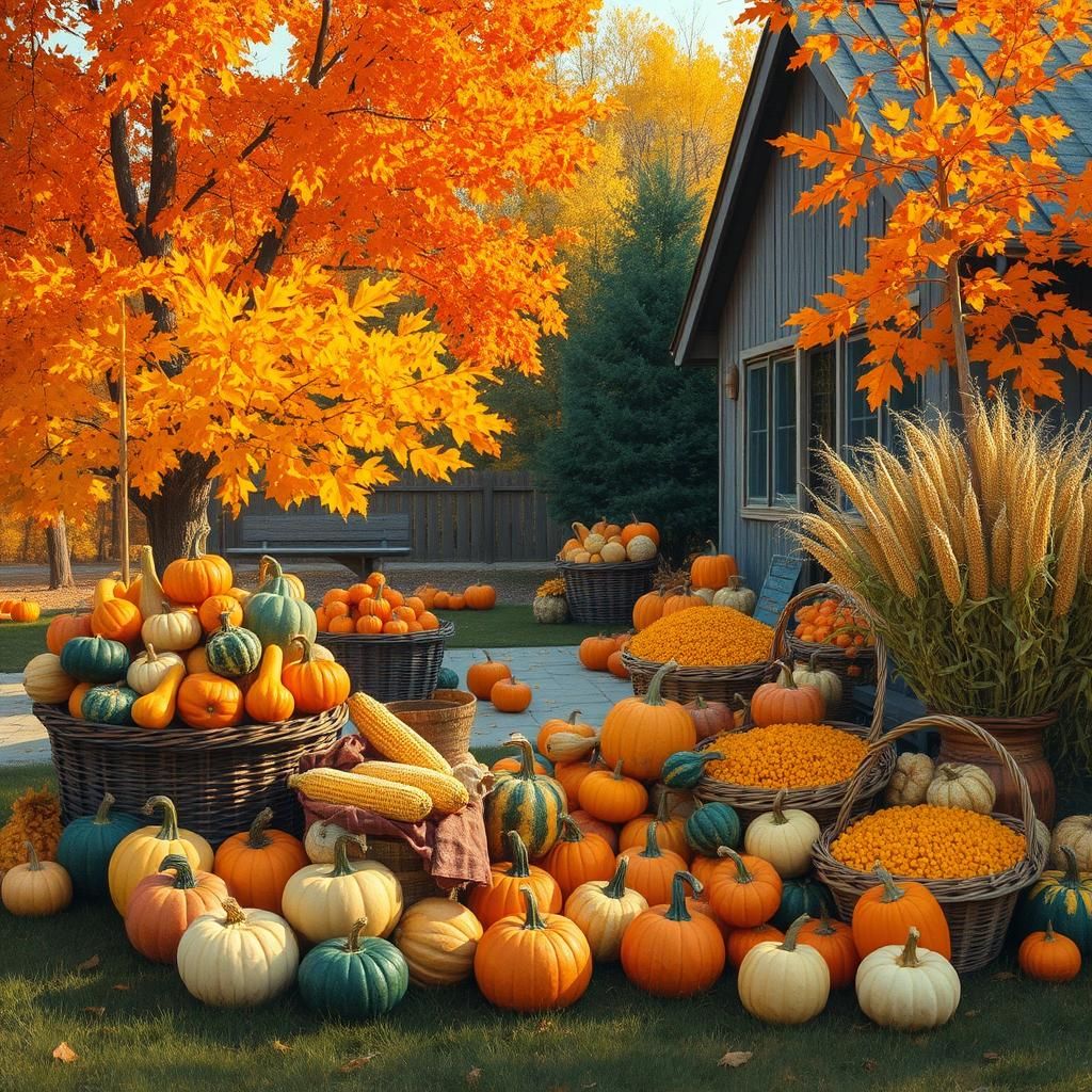 Autumn Gourds and Corn in Rustic Yard