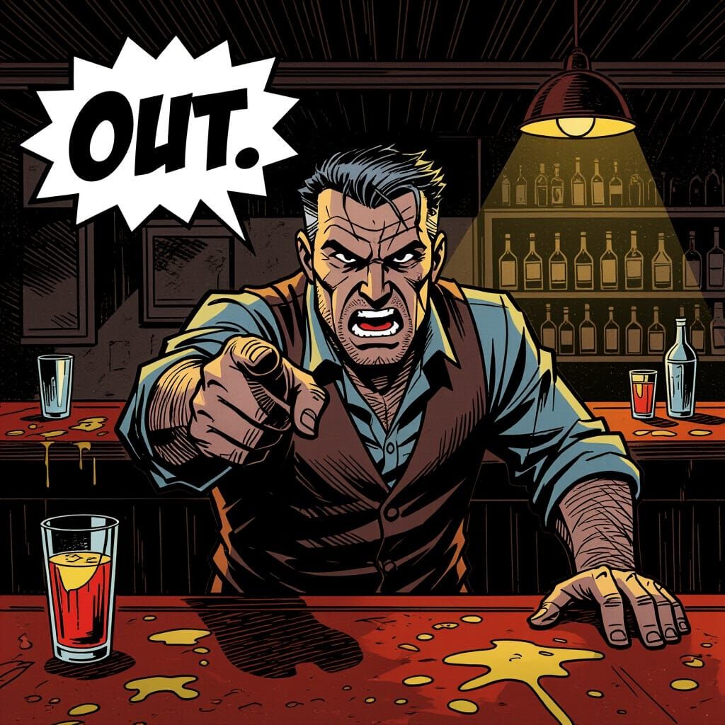 Bartender Shouting 'OUT' in Gritty Noir Comic Style