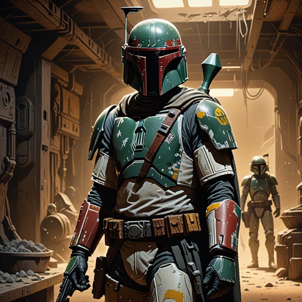 Boba Fett in Grimy Cantina, 80s Animation Style