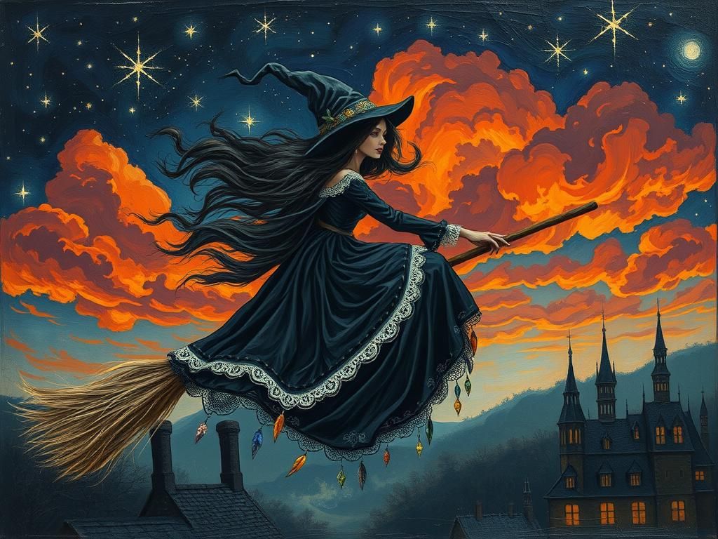 Witch Soaring Through Starry Sky as Oil Painting
