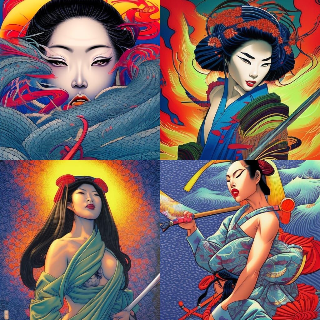 Samurai Woman in Hokusai Comic Book Style