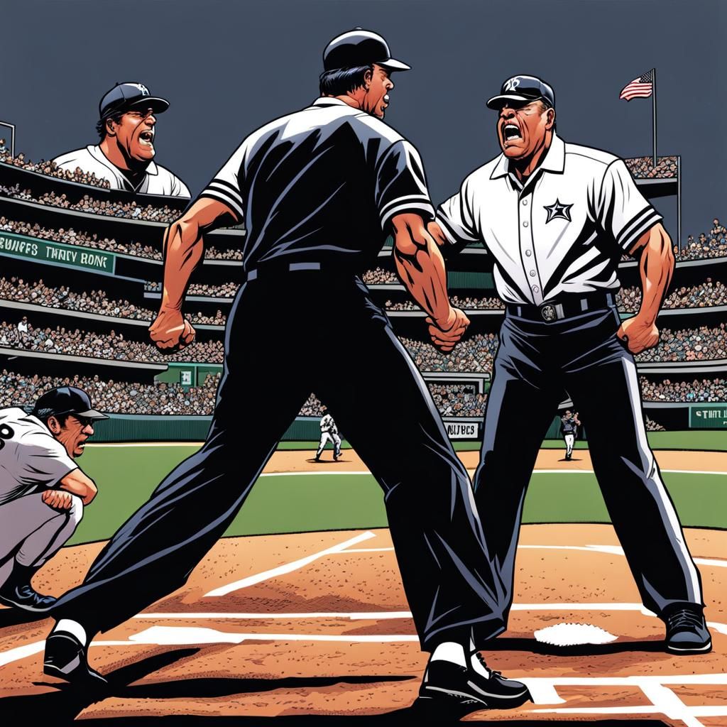Baseball Umpire and Coach Arguing in Comic Book Art