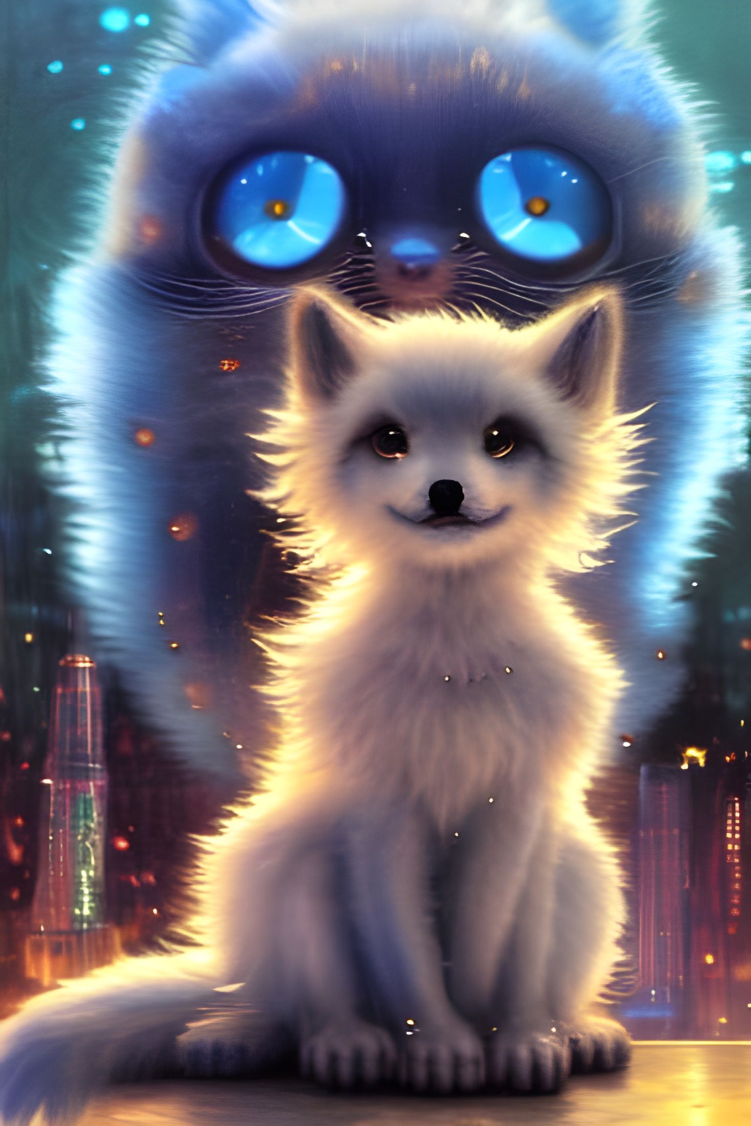 Too many legs this one has .... intricately detailed portrait of a cute baby kitsune with fluffy white fur and big blue!...