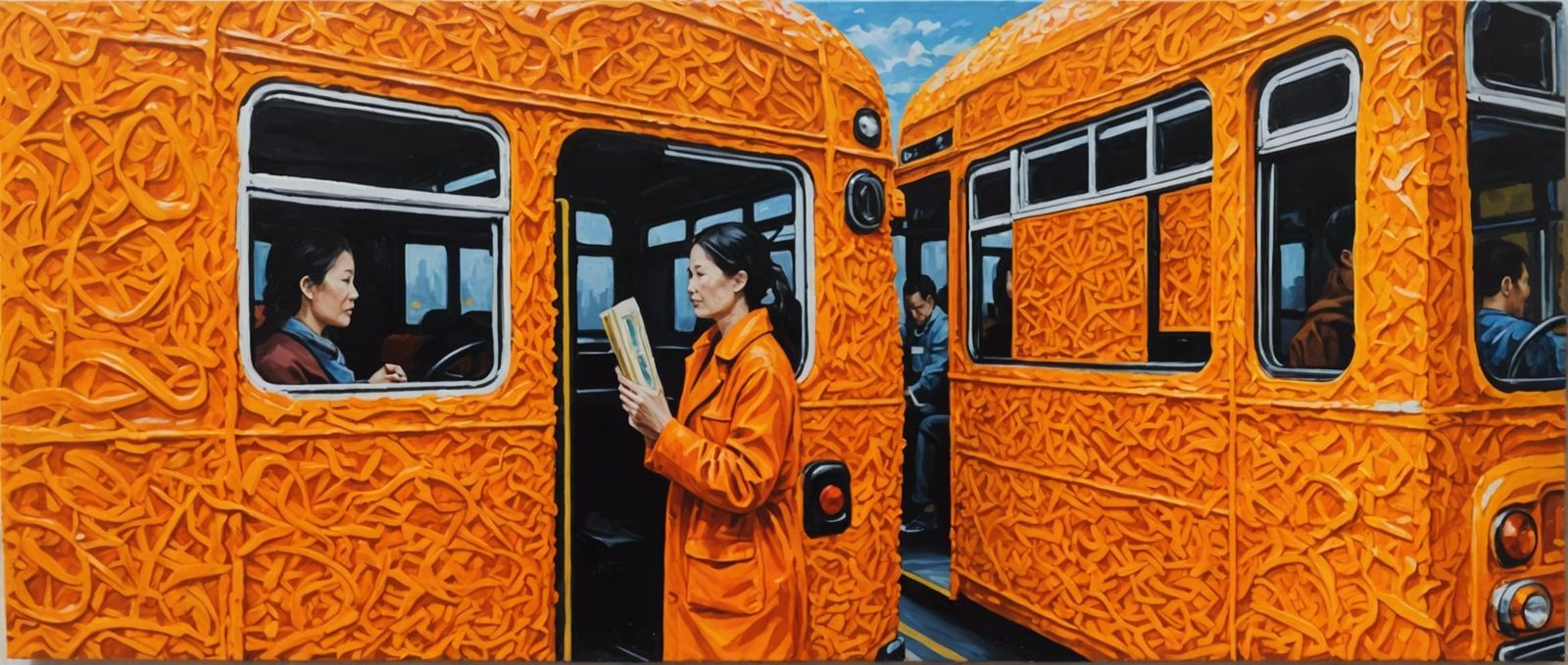 Abstract Rice Art with Woman on Bus in Impasto Style