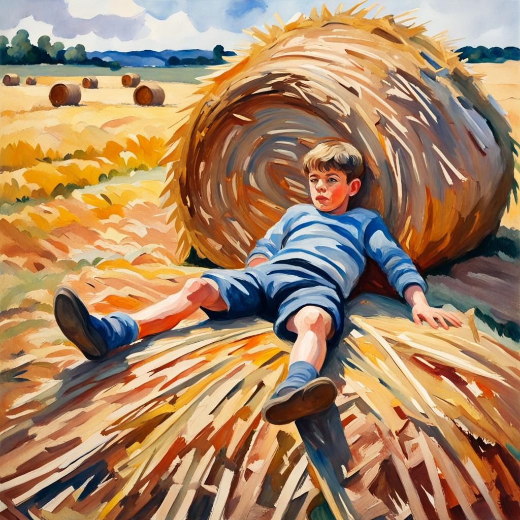 Boy on Haystack in Gouache Impressionist Style