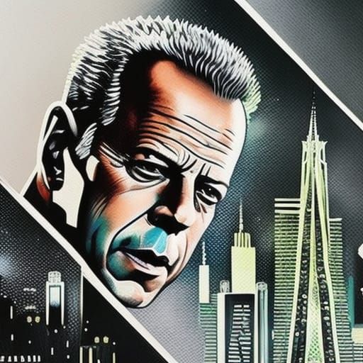 Monochrome Gouache Painting of Bruce Willis in Cityscape