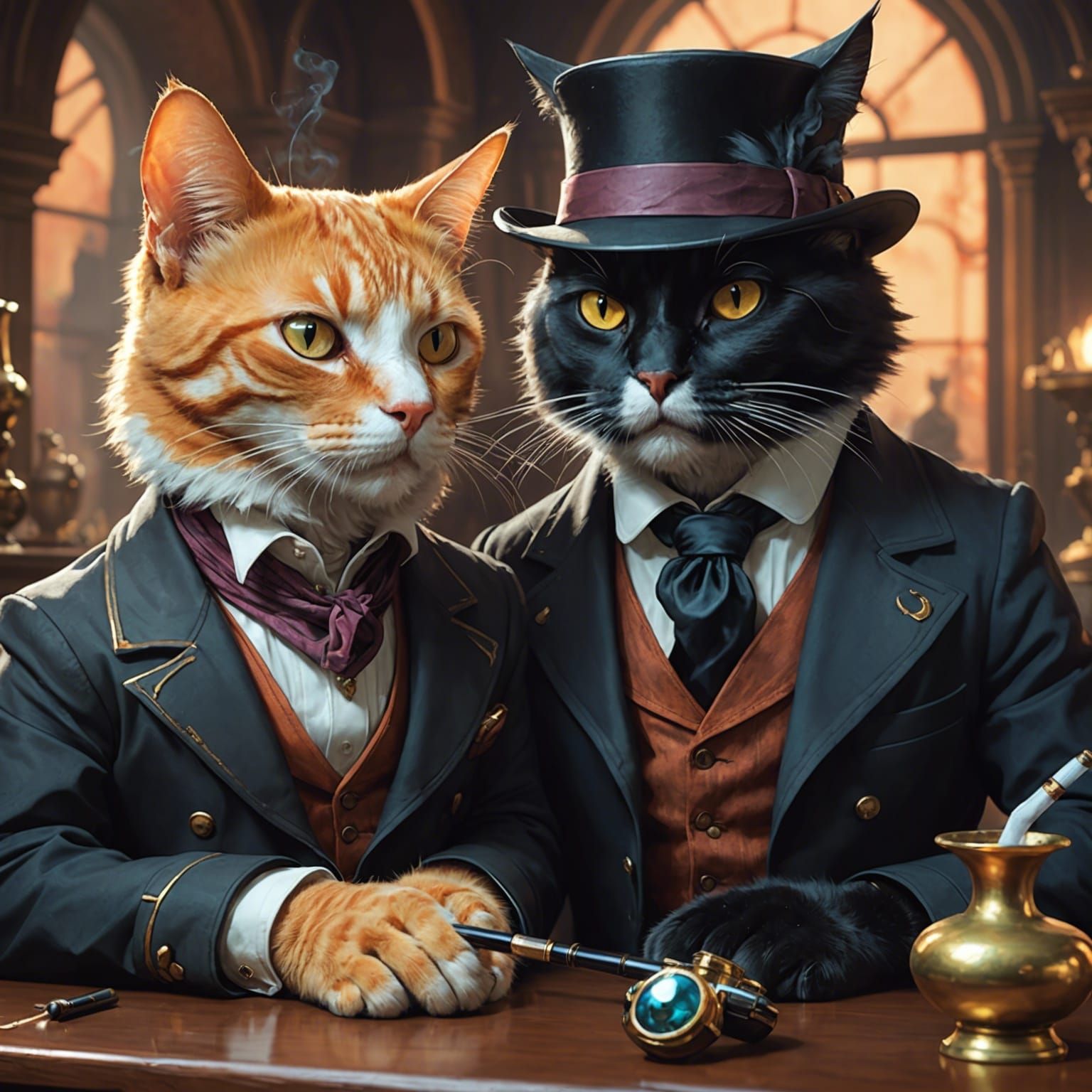 Two Cats Smoking Pipes Portrait, Artgerm Style