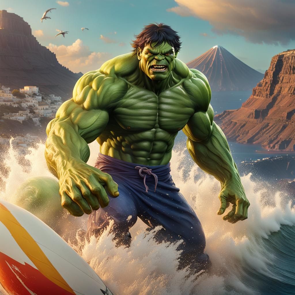 Incredible Hulk surfing in Santorini