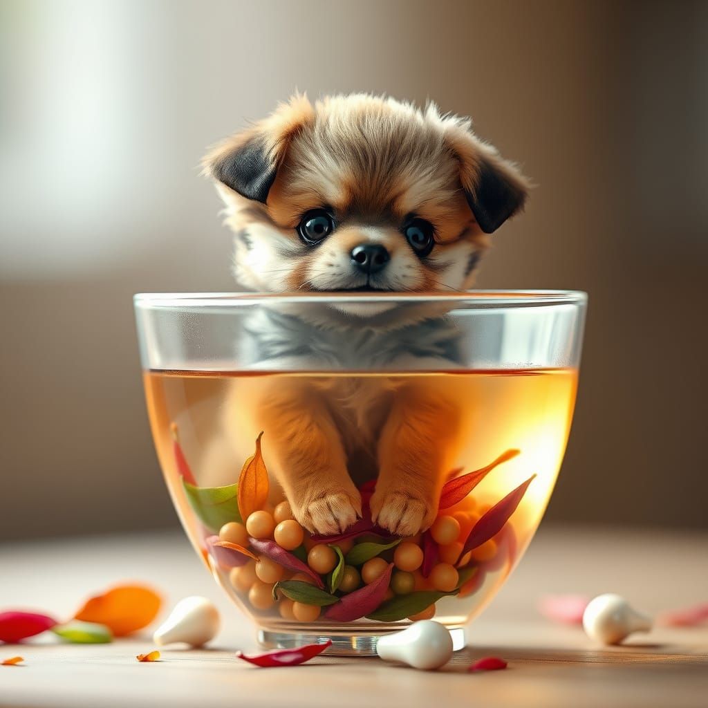 Whimsical Puppy in Glass Boba Tea Cup