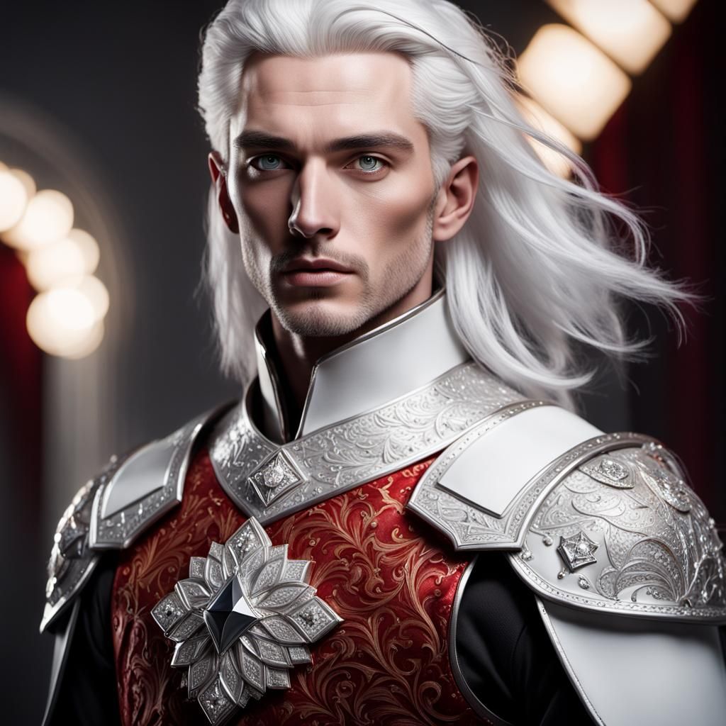 Detailed Portrait: White-Haired Prince in Slavic Palace