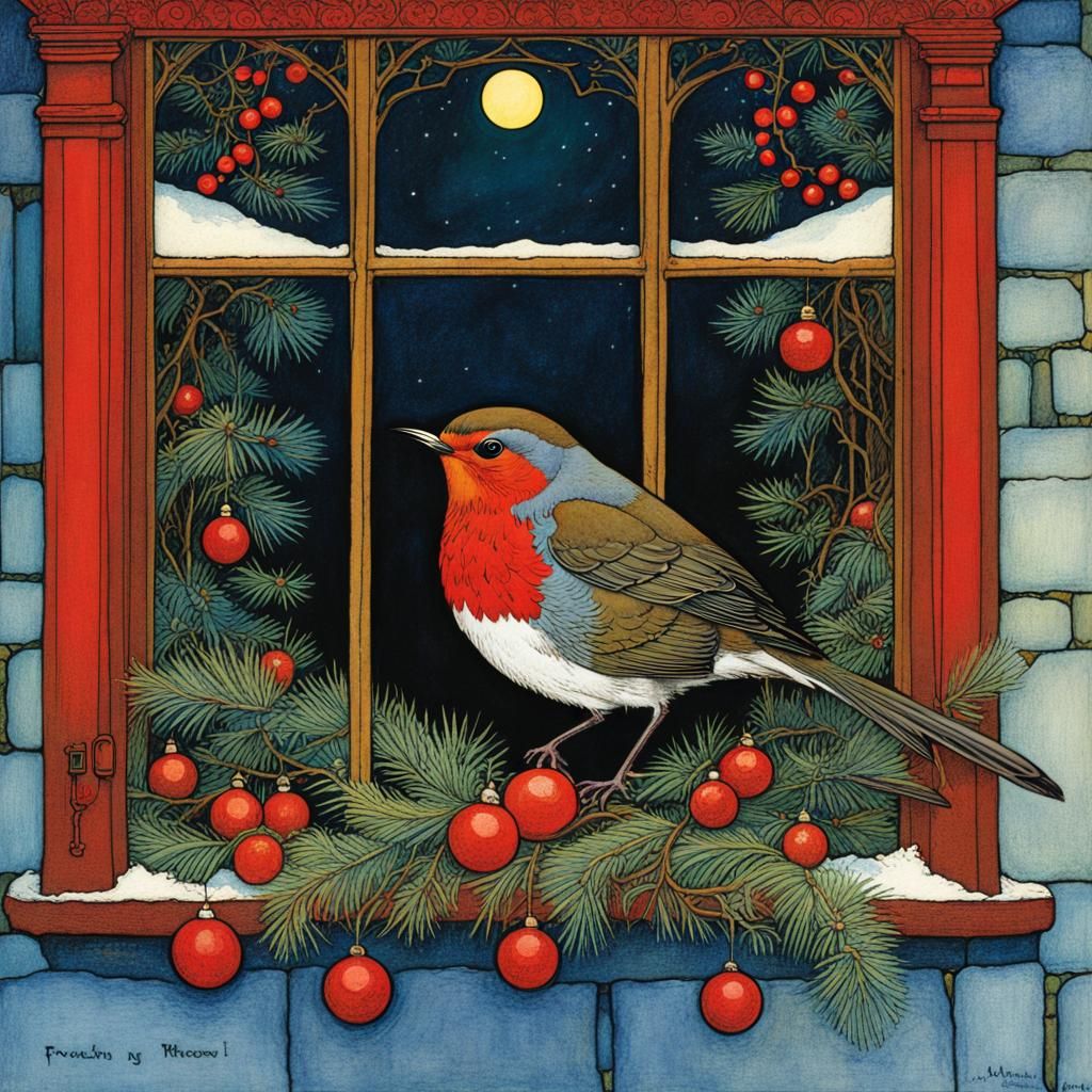 Robin in Christmas Window: Art Brut Storybook Illustration