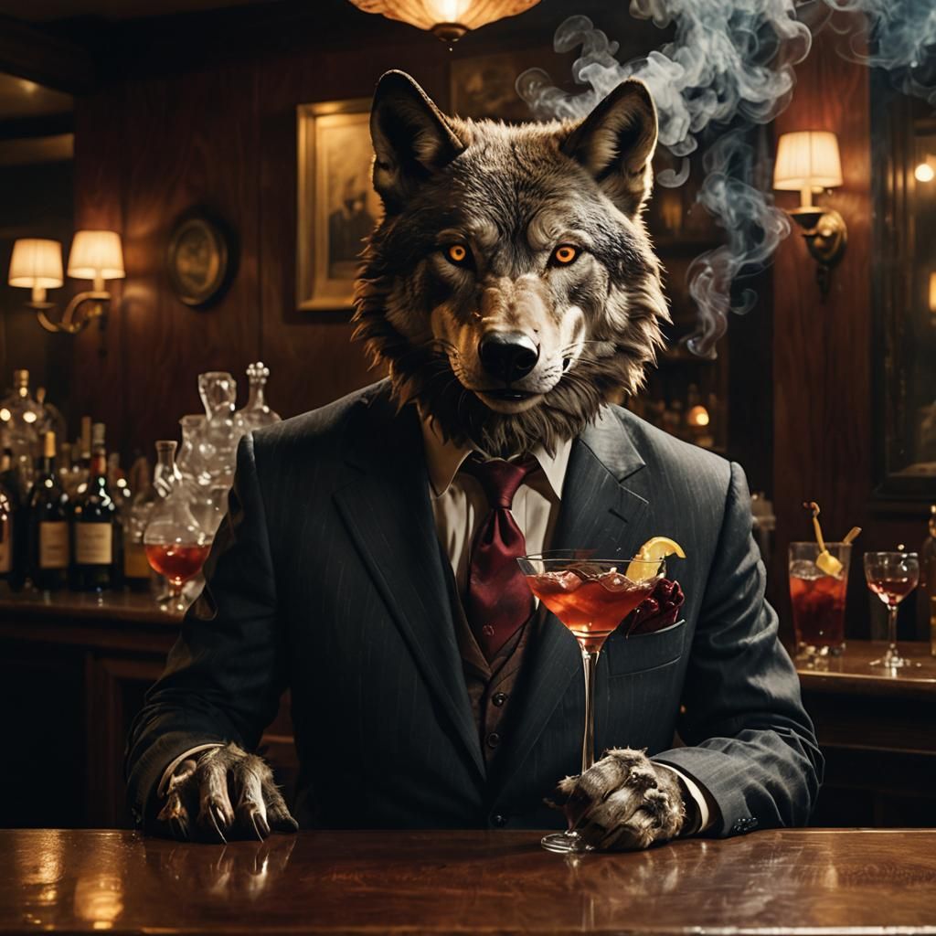Wolf in a Cocktail Bar, Surrealist Portrait in Rich, Muted C...